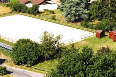 Vue aérienne d'un château médiéval entouré de verdure, au cœur d'une petite ville avec des habitations et des routes.