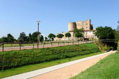 Vue aérienne d'un château médiéval entouré de verdure, au cœur d'une petite ville avec des habitations et des routes.