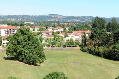 Vue aérienne d'un château médiéval entouré de verdure, au cœur d'une petite ville avec des habitations et des routes.
