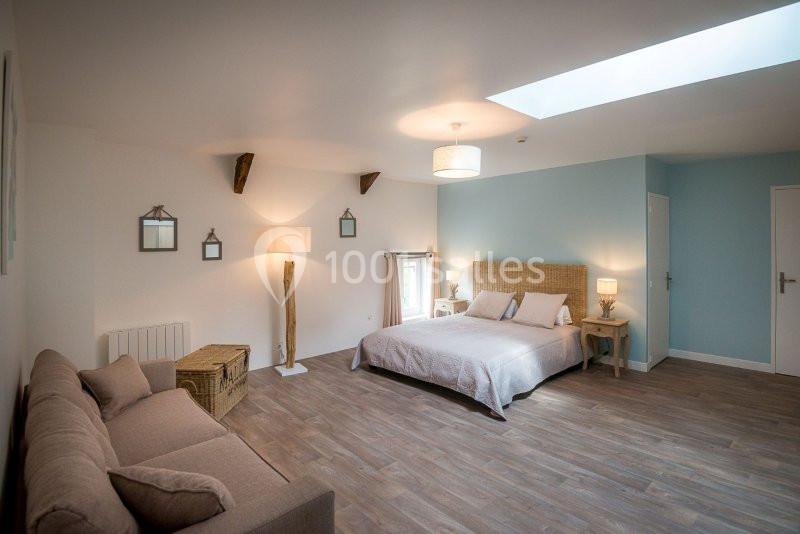 Chambre spacieuse avec lit double, canapé, parquet, murs blancs et bleus, éclairée par une fenêtre et un puits de lumière.