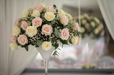 Chambre élégante avec murs bleus, lit double, cheminée, miroir doré, armoire en bois et tapis géométrique.
