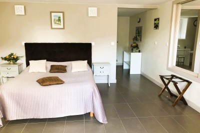 Chambre élégante avec murs bleus, lit double, cheminée, miroir doré, armoire en bois et tapis géométrique.