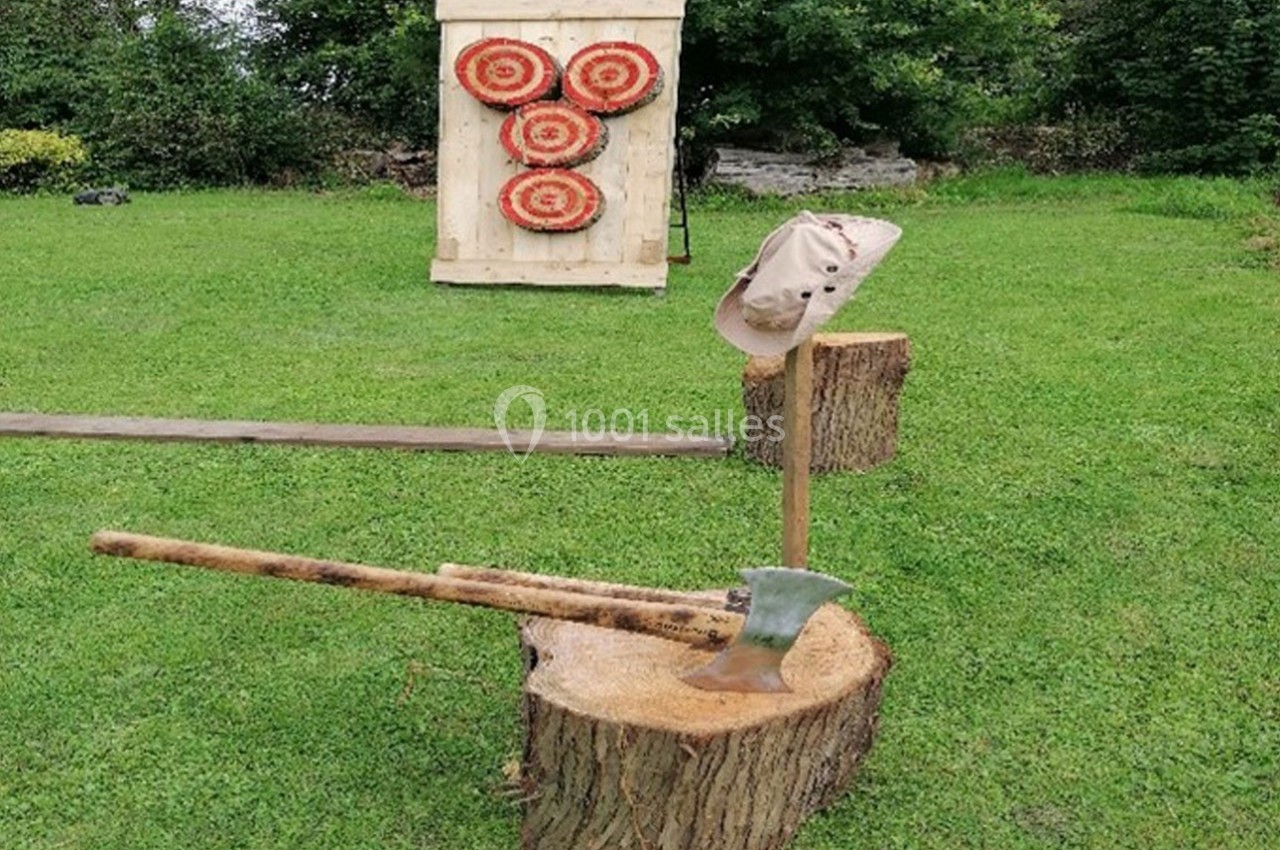 Cibles en bois avec des haches plantées, posées sur un tronc d'arbre dans un espace extérieur herbeux.
