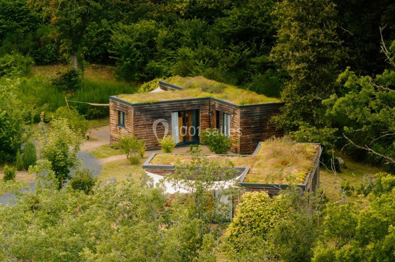 Maison en bois avec toit végétalisé, entourée de végétation dense et située dans un cadre naturel.