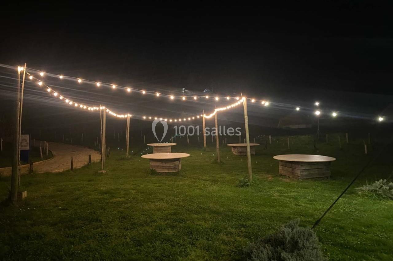 Guirlandes lumineuses suspendues au-dessus de tables rondes en extérieur, sur une pelouse, de nuit.