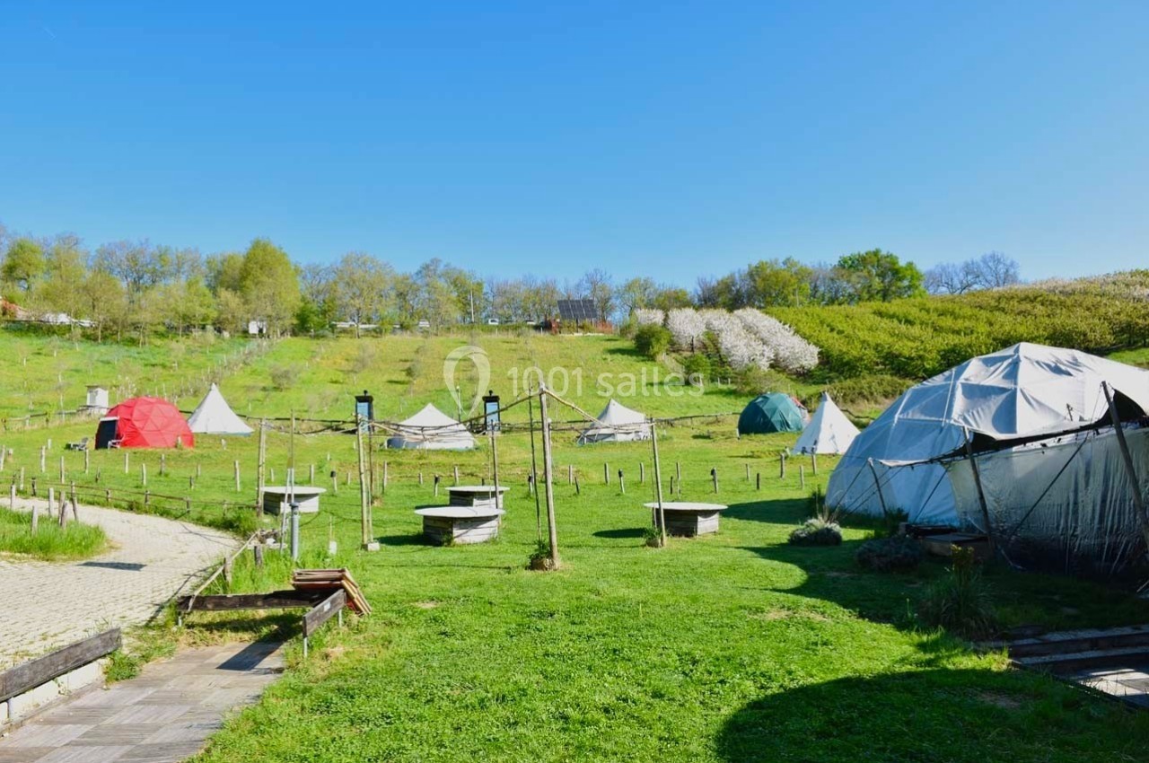 Terrain de camping verdoyant avec plusieurs tentes et structures légères sous un ciel dégagé.