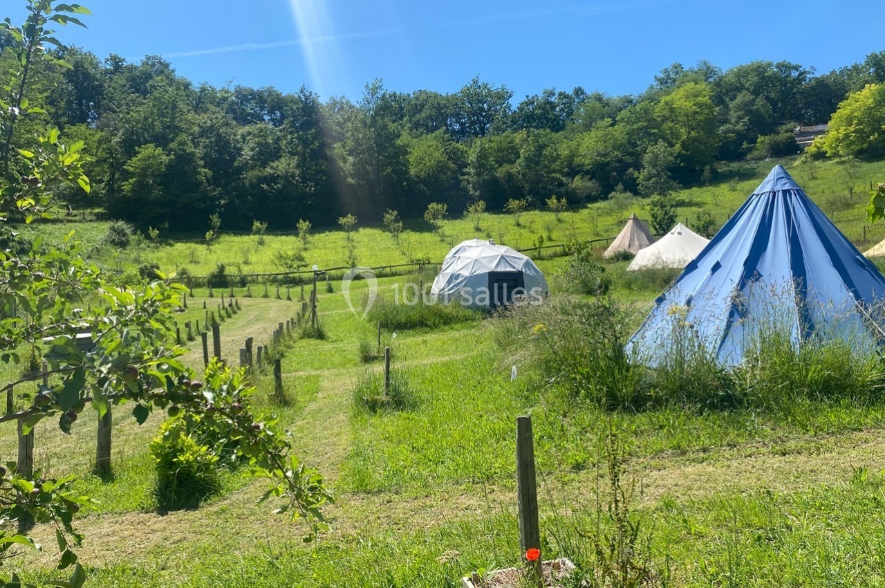 Tentes et dôme géodésique installés dans une prairie verdoyante entourée d'arbres sous un ciel ensoleillé.