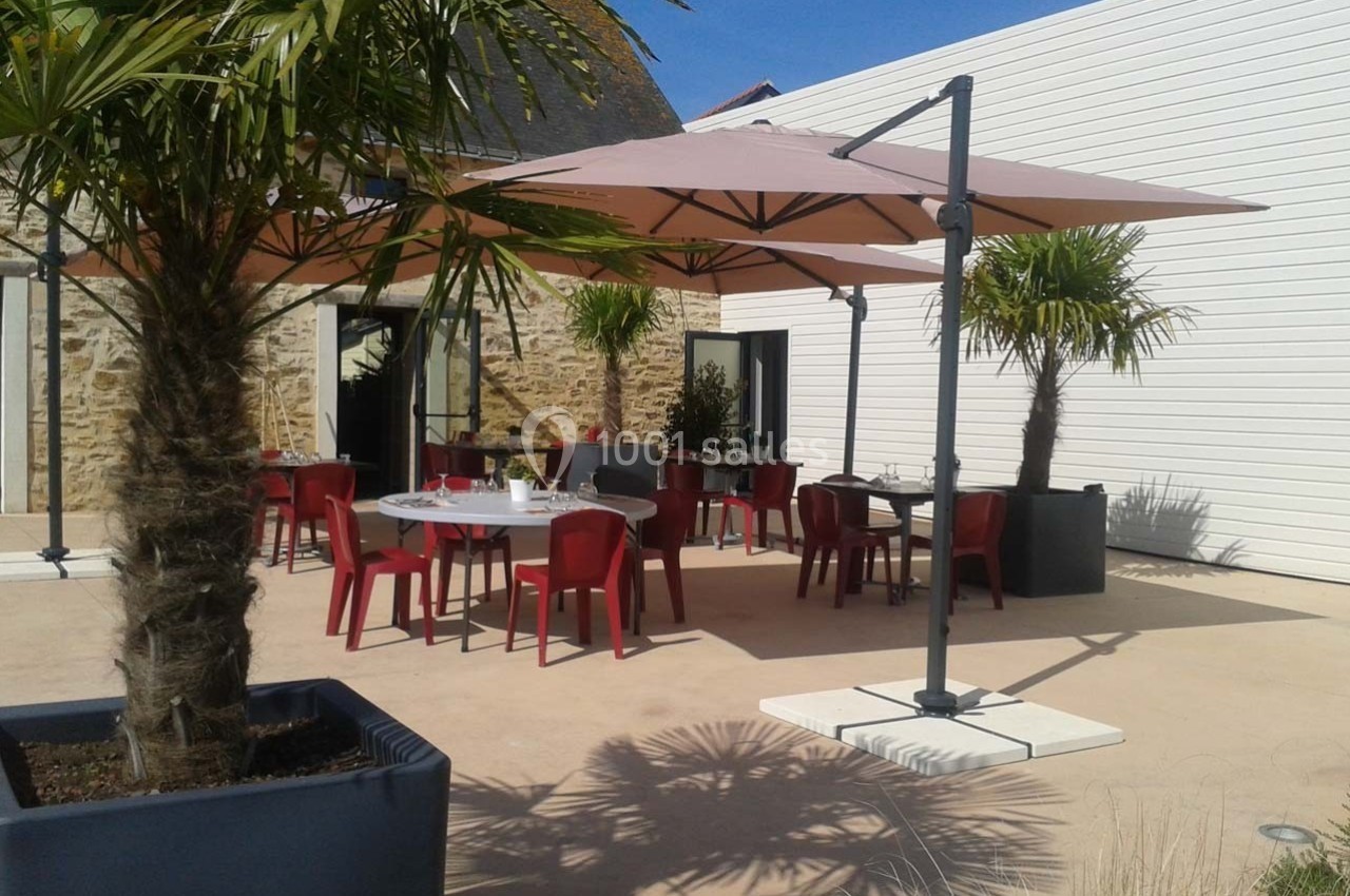 Terrasse ensoleillée avec tables, chaises rouges et parasols, entourée de murs en pierre et de palmiers en pots.