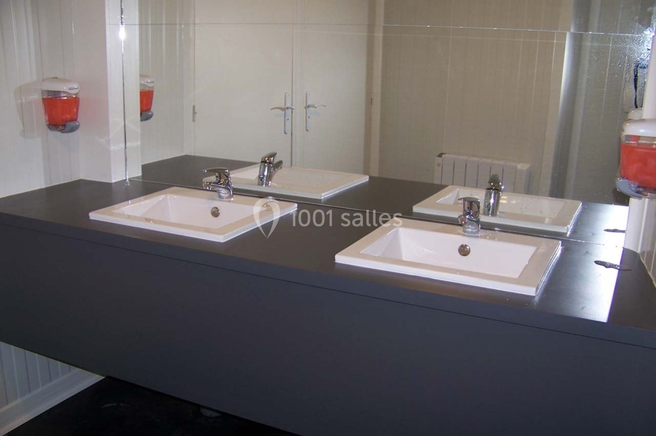 Deux lavabos blancs encastrés dans un plan de travail sombre, avec miroirs et distributeurs de savon muraux rouges.