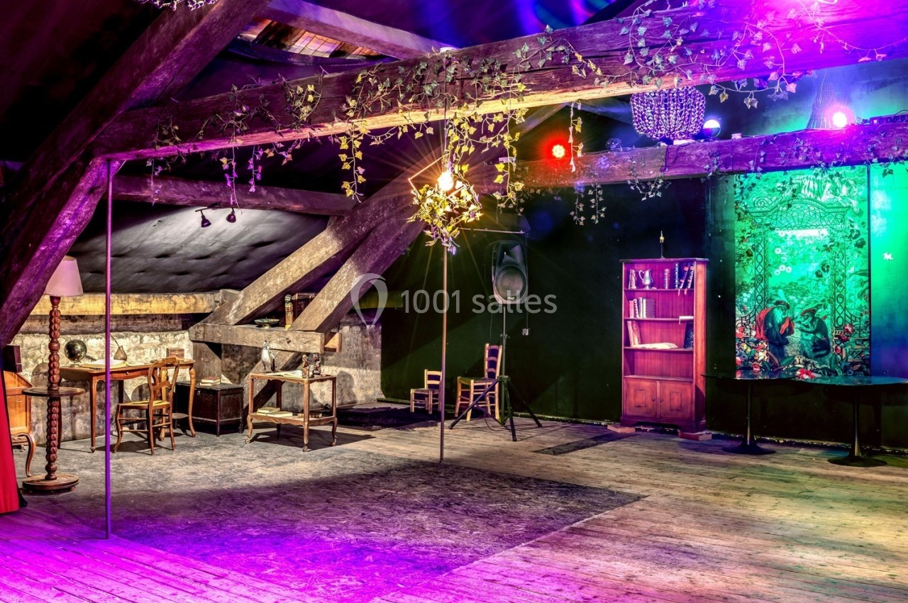 Salle mansardée avec poutres apparentes, éclairage coloré, mobilier en bois et décorations végétales suspendues.