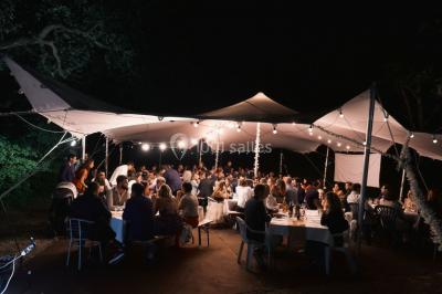 Façade d'un bâtiment illuminée par des motifs colorés, avec guirlandes lumineuses et leur reflet dans un plan d'eau.