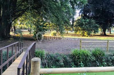 Bancs en bois disposés en extérieur, ornés de sacs en papier, avec une table blanche en arrière-plan près d'un étang.