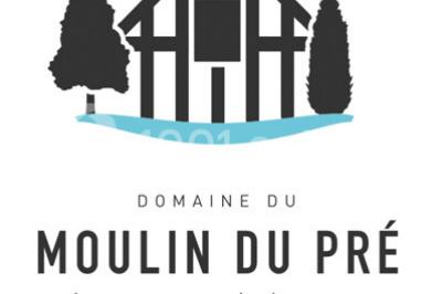 Bancs en bois disposés en extérieur, ornés de sacs en papier, avec une table blanche en arrière-plan près d'un étang.