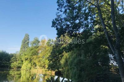 Bancs en bois disposés en extérieur, ornés de sacs en papier, avec une table blanche en arrière-plan près d'un étang.