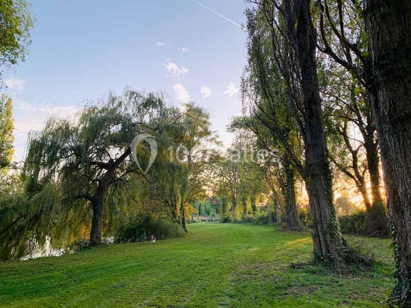 Pelouse verdoyante bordée d'arbres, avec un ciel dégagé au coucher du soleil.