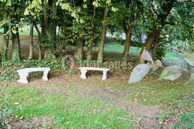 Bancs en bois disposés en extérieur, ornés de sacs en papier, avec une table blanche en arrière-plan près d'un étang.
