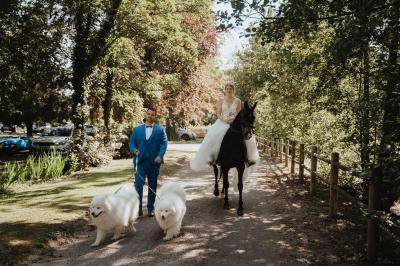 Bancs en bois disposés en extérieur, ornés de sacs en papier, avec une table blanche en arrière-plan près d'un étang.