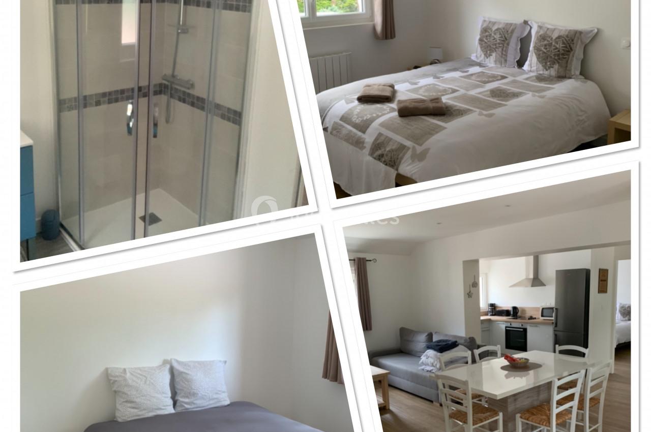 Montage photo montrant une salle de bain avec douche, deux chambres et un séjour avec cuisine ouverte et table à manger.