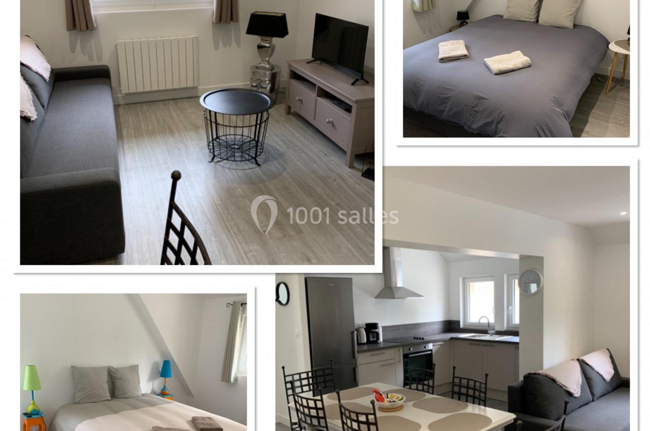 Montage de photos montrant un appartement meublé avec salon, chambres, cuisine équipée et salle à manger.