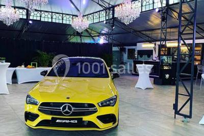 Commode rouge surmontée de cadres, lampe noire et carafe, avec un mur en pierre en arrière-plan.