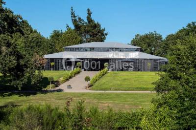 Commode rouge surmontée de cadres, lampe noire et carafe, avec un mur en pierre en arrière-plan.