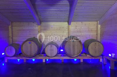 Une femme en robe de mariée sourit face à un homme en costume orange dans un vignoble verdoyant.