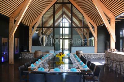 Une femme en robe de mariée sourit face à un homme en costume orange dans un vignoble verdoyant.