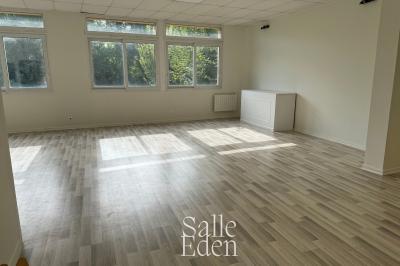Décoration d'anniversaire avec ballons colorés, fond végétal, et personnages de dessin animé dans une salle festive.