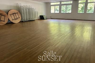 Décoration d'anniversaire avec ballons colorés, fond végétal, et personnages de dessin animé dans une salle festive.