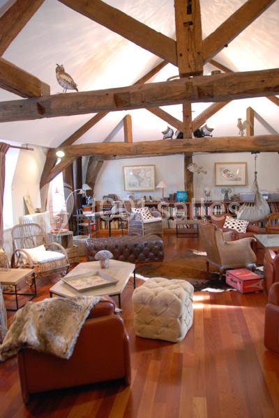 Salon chaleureux avec poutres apparentes, mobilier en cuir et bois, bibliothèque et décoration éclectique.