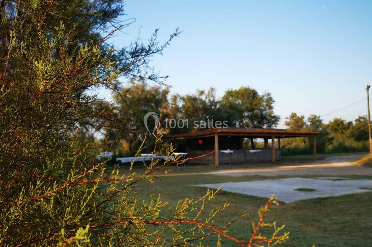 Abri en bois dans un espace naturel avec des arbres, vu au coucher du soleil, et un buisson au premier plan.