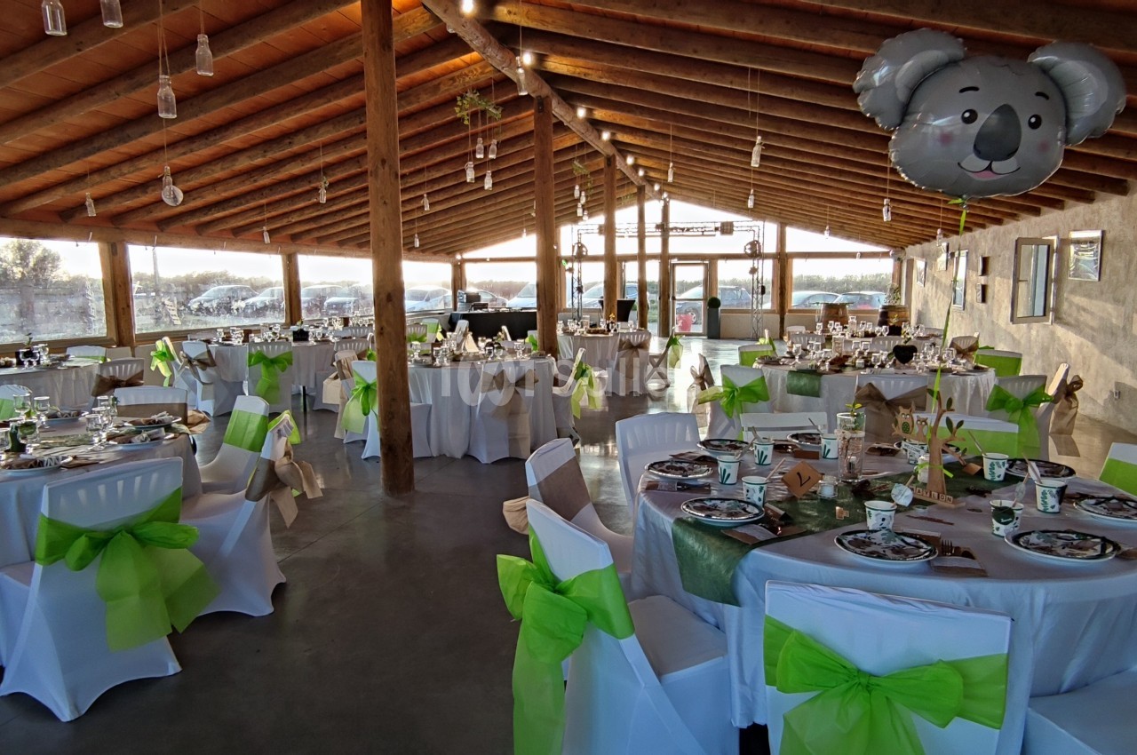 Salle de réception décorée pour un événement, avec des tables dressées et des chaises ornées de nœuds verts.