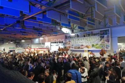 Salle vide avec sol noir, murs blancs et gris, éclairage au plafond, plante en pot et porte métallique au fond.