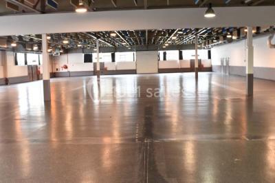 Salle vide avec sol noir, murs blancs et gris, éclairage au plafond, plante en pot et porte métallique au fond.