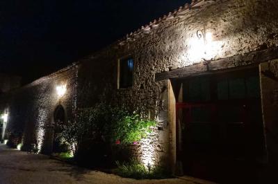 Un homme debout, bras ouverts, s'exprime devant un mur en pierre, avec une chaise en bois à côté de lui.