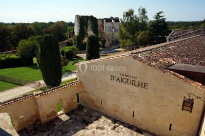Vue aérienne d'un domaine entouré de vignes, de bâtiments en pierre et d'un cours d'eau bordé de verdure.