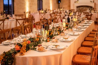Vue aérienne d'un domaine entouré de vignes, de bâtiments en pierre et d'un cours d'eau bordé de verdure.