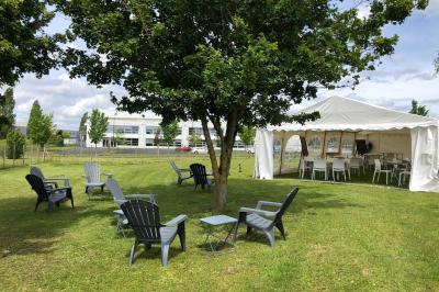Pelouse verdoyante avec un grand arbre, bâtiment moderne en arrière-plan et ciel dégagé.