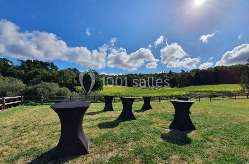 Tables hautes noires disposées sur une pelouse ensoleillée, entourée de champs et d'arbres sous un ciel bleu.