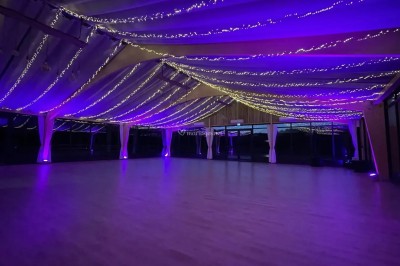 Illustration d'un logo avec des branches de feuillage pastel entourant le texte ’Le Domaine des Cavaliers’.