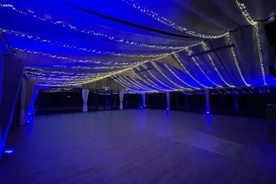 Illustration d'un logo avec des branches de feuillage pastel entourant le texte ’Le Domaine des Cavaliers’.