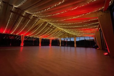 Illustration d'un logo avec des branches de feuillage pastel entourant le texte ’Le Domaine des Cavaliers’.