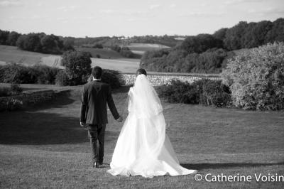 Platines vinyles et disques exposés sur une table en extérieur, avec un jardin verdoyant et un pigeonnier à colombages en…