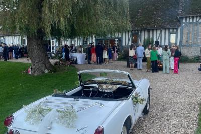 Platines vinyles et disques exposés sur une table en extérieur, avec un jardin verdoyant et un pigeonnier à colombages en…
