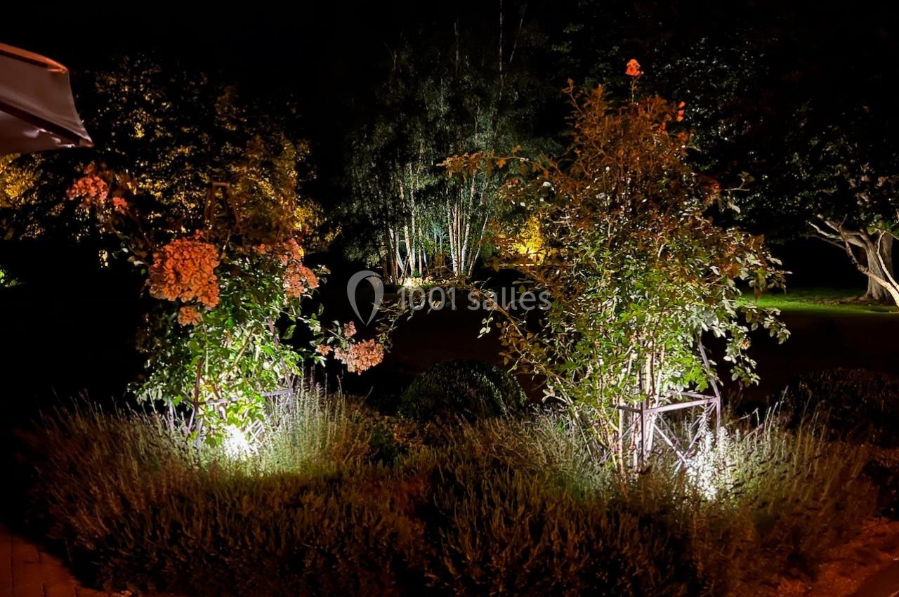 Massif de fleurs éclairé la nuit, entouré de végétation et d'arbres dans un jardin sombre.