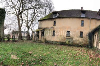 Bâtiment ancien avec façade décrépite, entouré d'une cour herbeuse et d'arbres dénudés en arrière-plan.