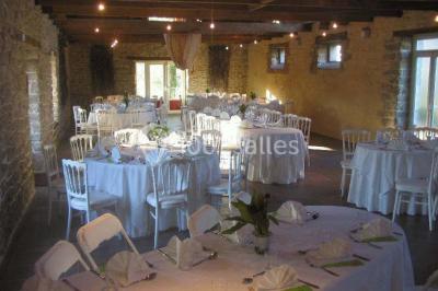 Allée ombragée avec banc en bois, hortensias en fleurs et panneaux directionnels près d'un arbre.