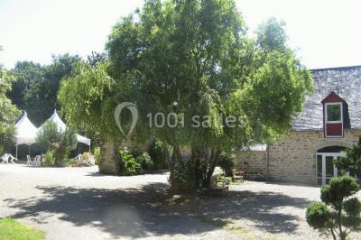 Allée ombragée avec banc en bois, hortensias en fleurs et panneaux directionnels près d'un arbre.