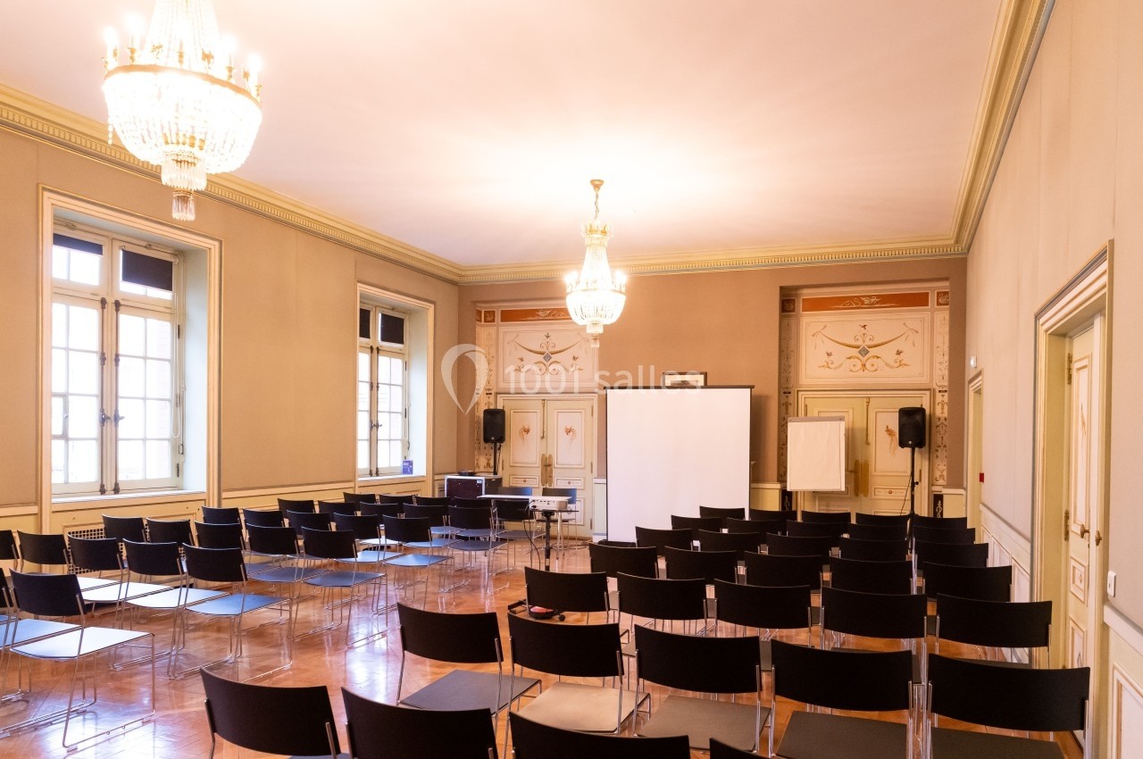 Salle de conférence lumineuse avec rangées de chaises, projecteur, écran blanc et décorations classiques.