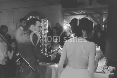 Bouées en forme de cygne et licorne flottant dans une piscine, avec des tentes blanches en arrière-plan.